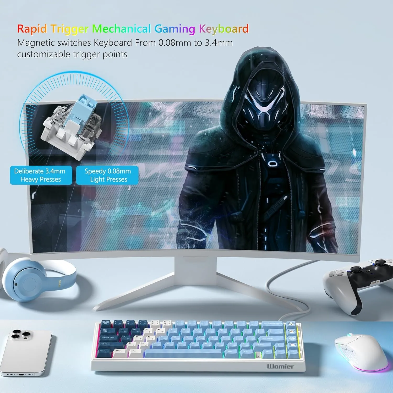 Womier M68 HE V2 Rapid Trigger Keyboard 60% Percent, Hall Effect Snow and Ice Gaming Keyboard, Wired RGB Custom Mechanical Key Board with Magnetic Switch, PBT Keycaps for Mac/Win (Blue/White)
